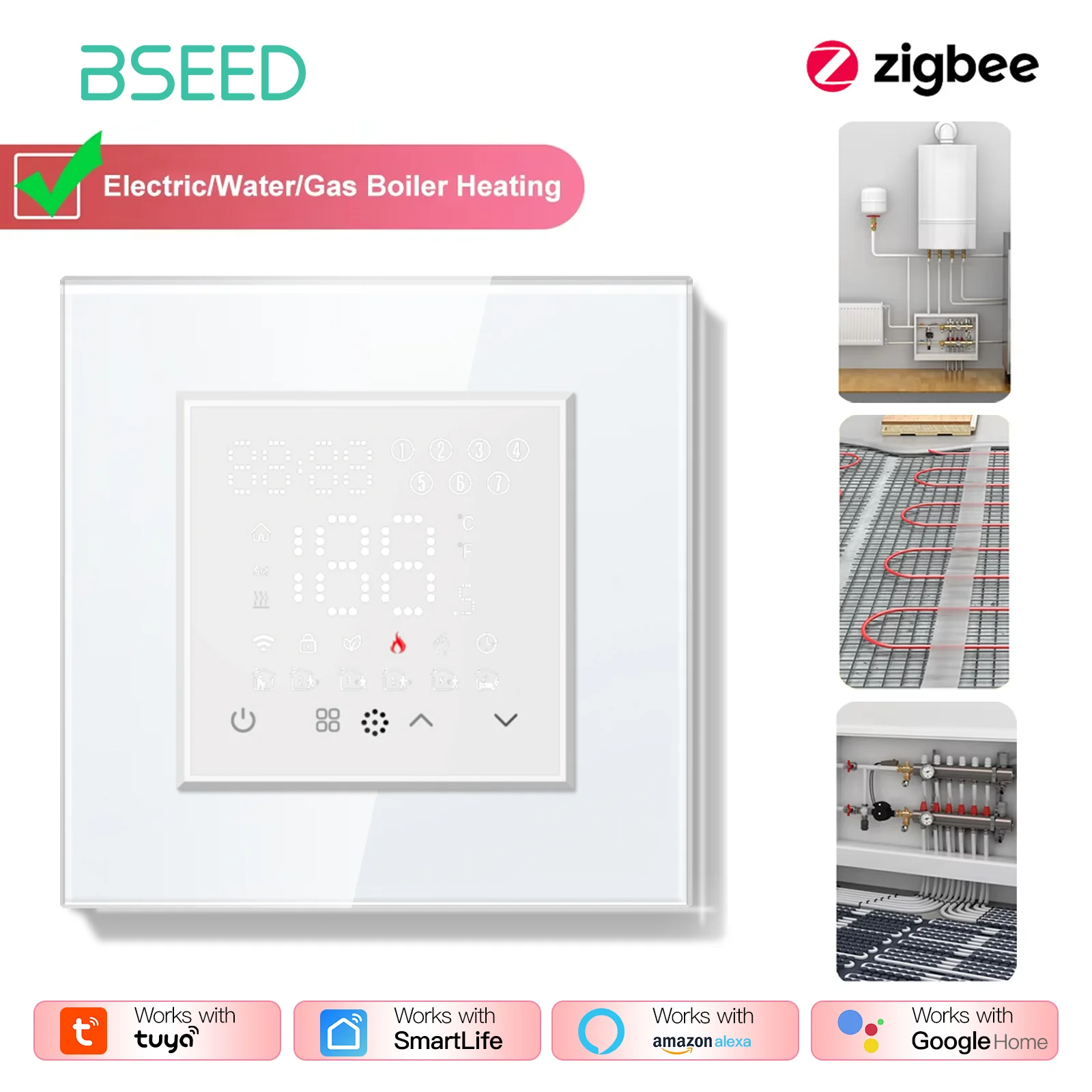 

BSEED Zigbee Touch умный термостат переключатель для электрического водяного газового котла регулятор температуры подогрева пола плюс розетки ЕС