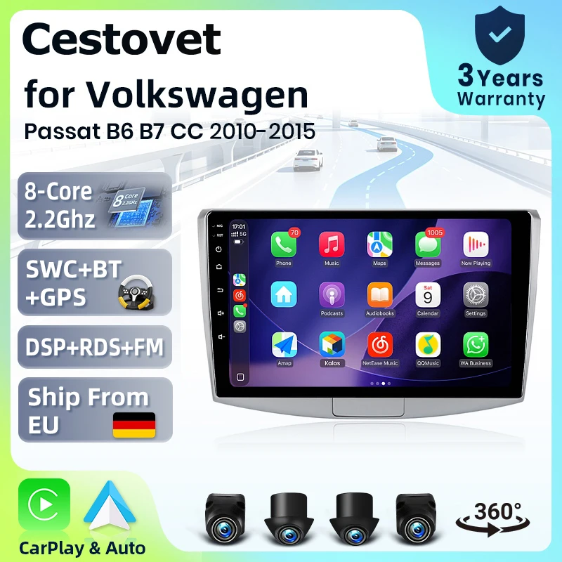 Autoradio Cestovet 10" avec système intelligent pour VW Passat B6 B7 CC 2010-2015, caméra 360°, Android 15, CarPlay sans fil, commande vocale IA, écran tactile IPS, lecteur multimédia intelligent, unité centrale 2 Din, GPS, Mirror Link, Bluetooth 4G pour automobile.
