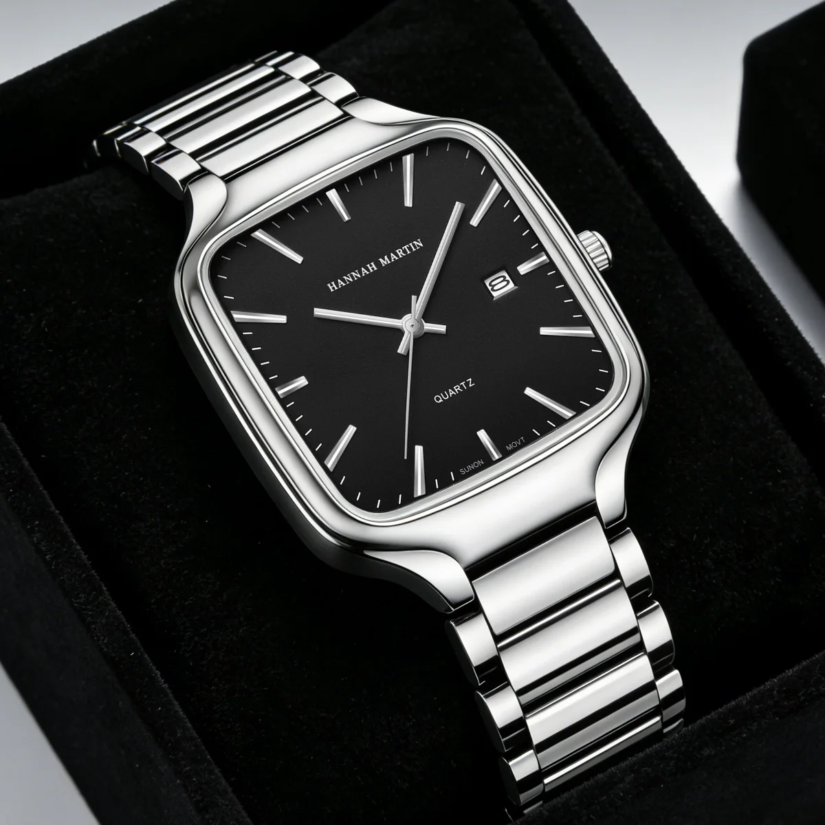 

Men Square Watch Japanese Quartz Movement 42mm Stainless Steel Black Business Style Waterproof Calendar Wrist Watch reloj hombre