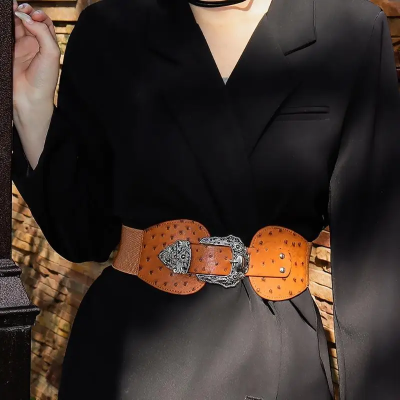 

652F Retro Wide Waist Belt Decorative Waist Sash Girdle with Stretch Feature and Ornate Buckle for Modern Women Lady