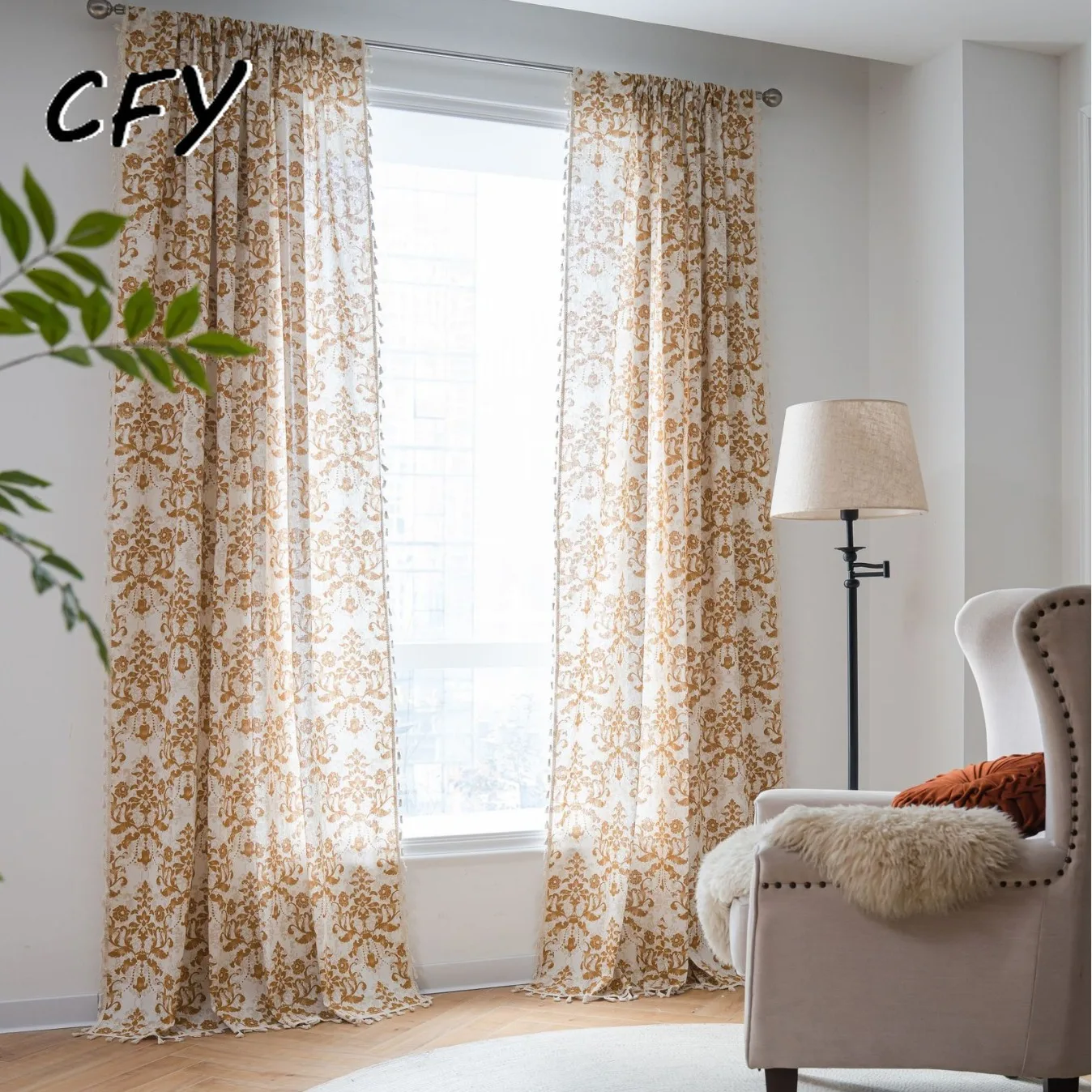 

European Style Khaki Floral Print with Tassels Curtains for Living Room Drape Kitchen Valance for The Luxury Living Room