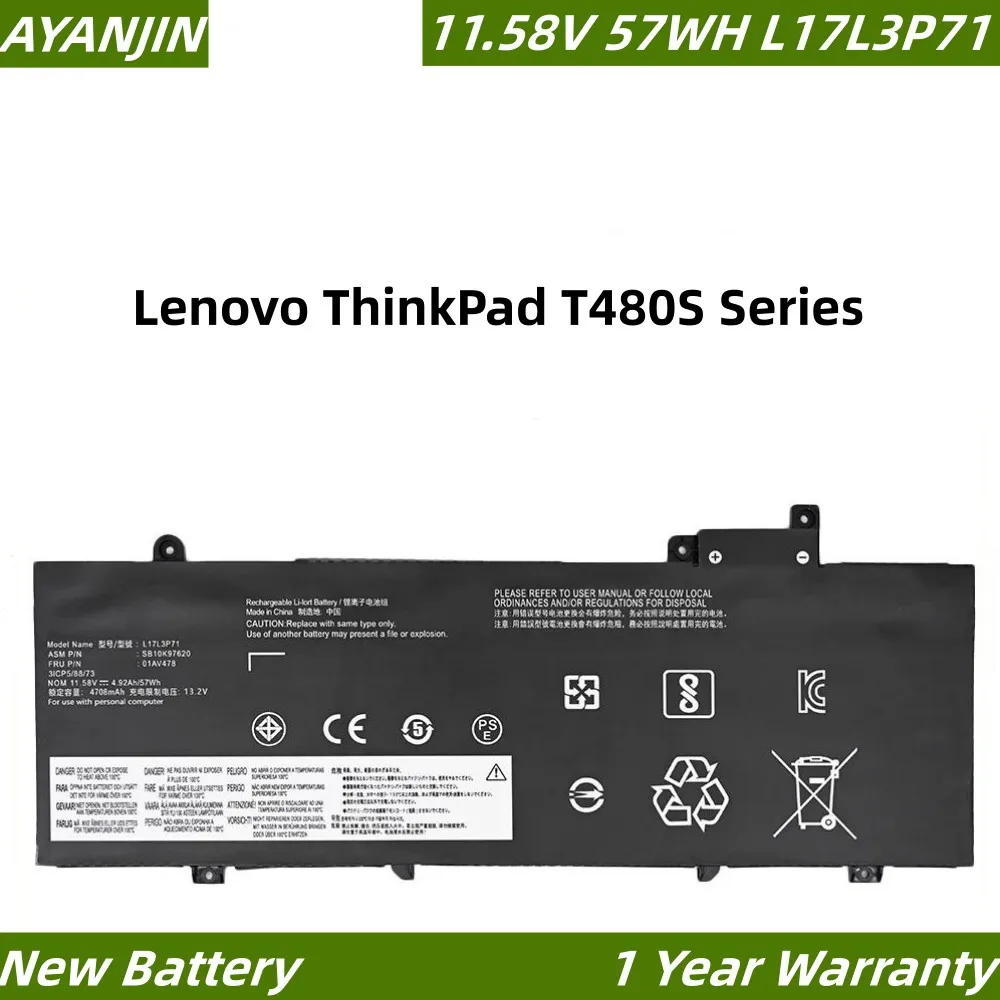 

Аккумулятор L17L3P71 11,58 в 57WH для ноутбука Lenovo ThinkPad T480S Series 01AV478 SB10K97620 01AV479 01AV480 L17M3P71 L17S3P71