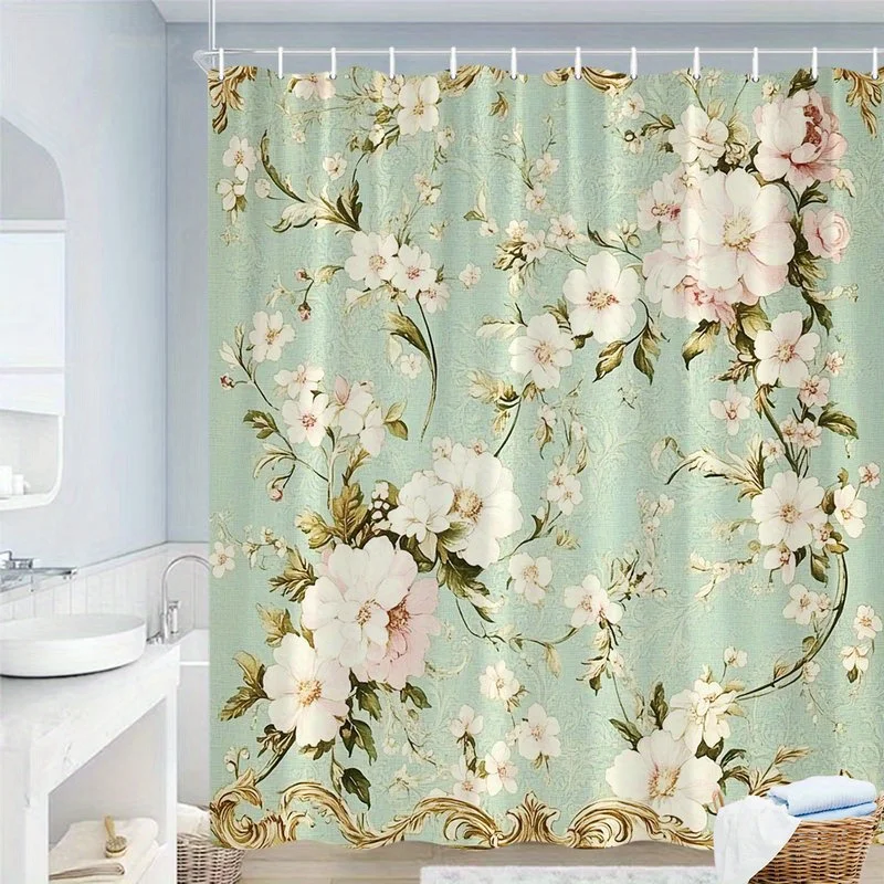 1pc Vintage Floral Shower Curtain with Pastel Flowers, Soft Pink and White Flowers, Green Leaves, Ornate Golden Border, Victoria
