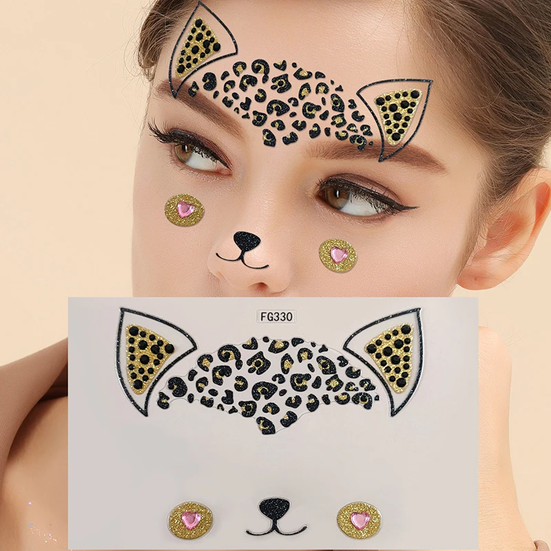 Cute Cat 3D Acrylic Rhinestone Face Sticker Masquerade Party Face Makeup Decoration Temporary Tattoo Face Painting Decals