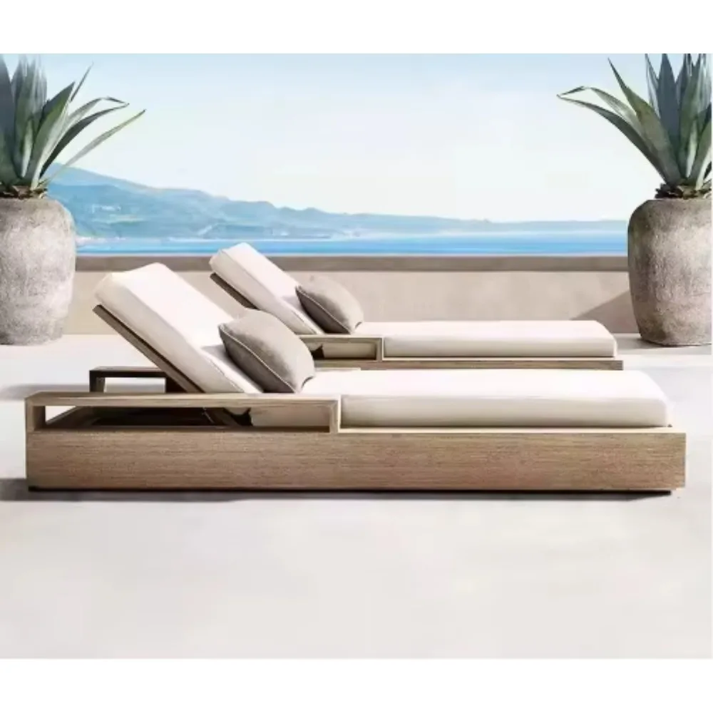 Luxury Teak Outdoor Lounge Chair Durable Modern Reclining Chaise with Cushion for Villa Pool, Beach & Patio Outdoor Furniture