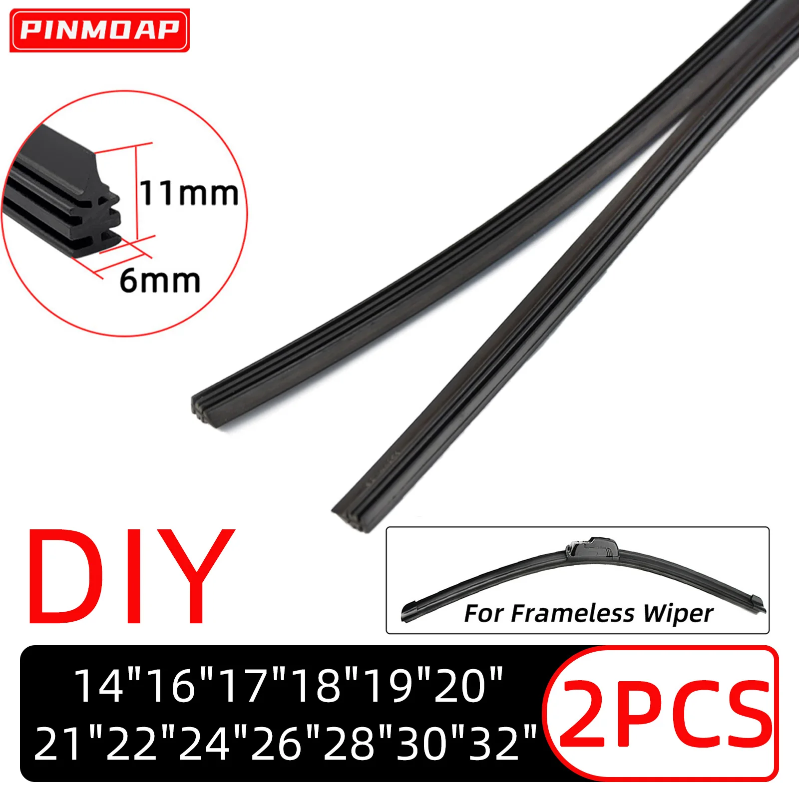 PINMOAP Autowischer-Naturkautschukstreifen, 6 mm, geeignet für rahmenlose Scheibenwischer, 14 Zoll, 16 Zoll, 18 Zoll, 19 Zoll, 20 Zoll, 21 Zoll, 22 Zoll, 24 Zoll, 26 Zoll, 28 Zoll, 30 Zoll, 32 Zoll,