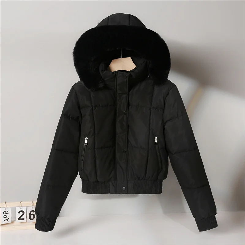 Female Fleece Warm Bread Jacket Student Coat Outerwear Women Winter Jacket Solid Hooded Fur Collar Short Cotton Padded Jacket
