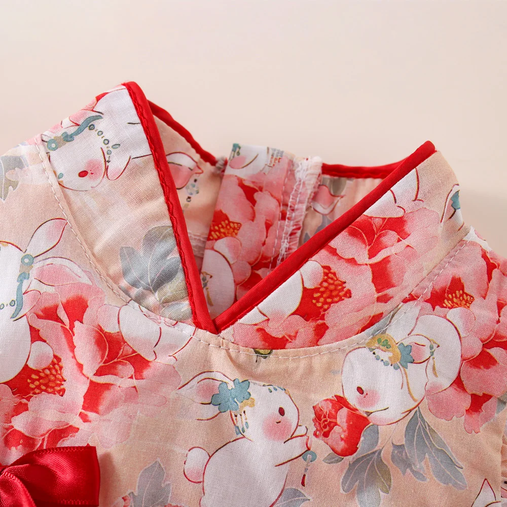 Chinese Style Girl Dress Summer Baby Girl Double Bow Small Rabbit Print Small Fly Sleeves A-Line Cheongsam Dress