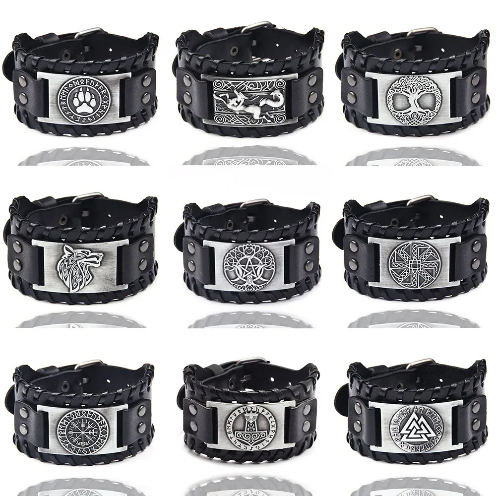 Punk Braided Rope Alloy Bracelet Wristband Adjustable Genuine Leather Bracelet Mens Leather Viking Totem Wristbands Wide Bangle