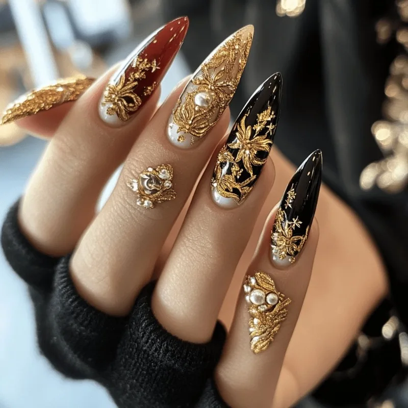 

24Pcs False Nails Black and Red with Gold Accents Almond-Shaped Premium Black and Gold Print Press-On High-Quality Nails