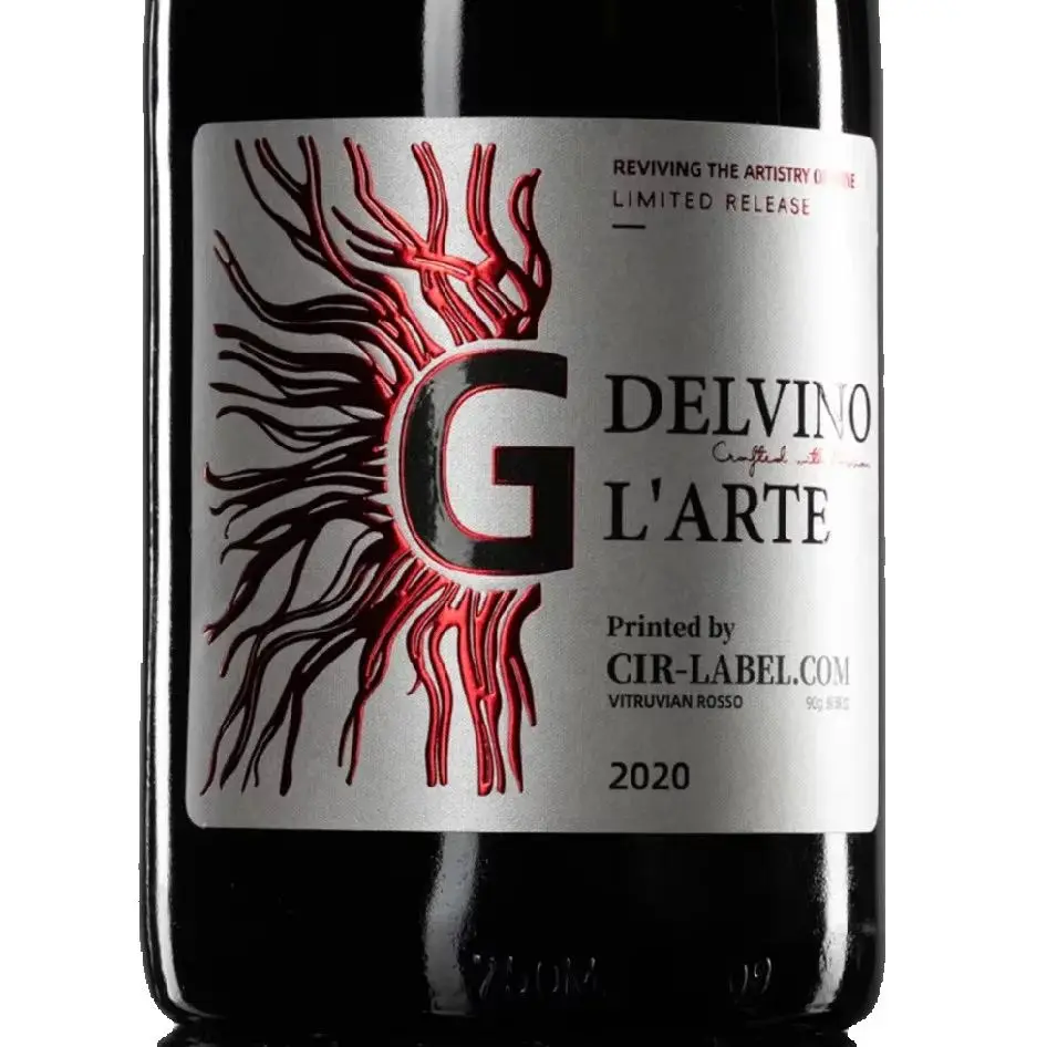 

Custom 3D Embossed Polymer Wine Labels｜Custom Red & Gold Foil Textured Art Paper Stickers with Waterproof Varnish