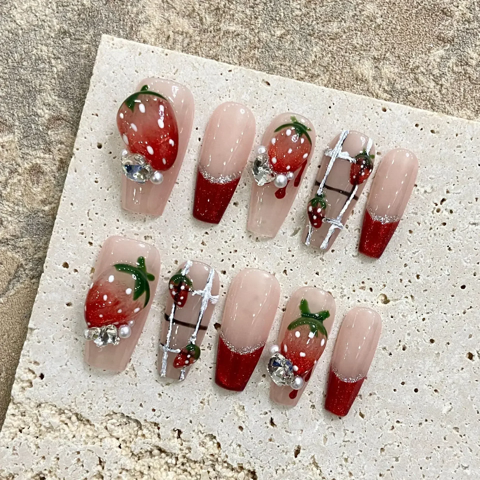 10 pièces rose français Y2k ongles conseils longs Ballet à la main faux ongles portable faux ongles avec strass presse sur ongles manucure