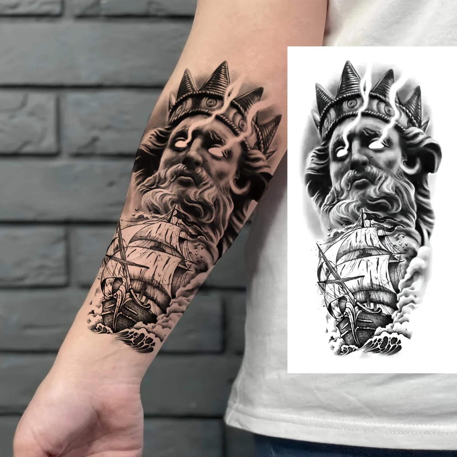 1 Sheet Black Zeus and Ship Design Temporary Tattoo for Adults - Realistic, Long-Lasting Tattoo Sleeve for Arm, Thigh, Forearm - Oblong Shape, Large Size Fake Tattoo Transfer