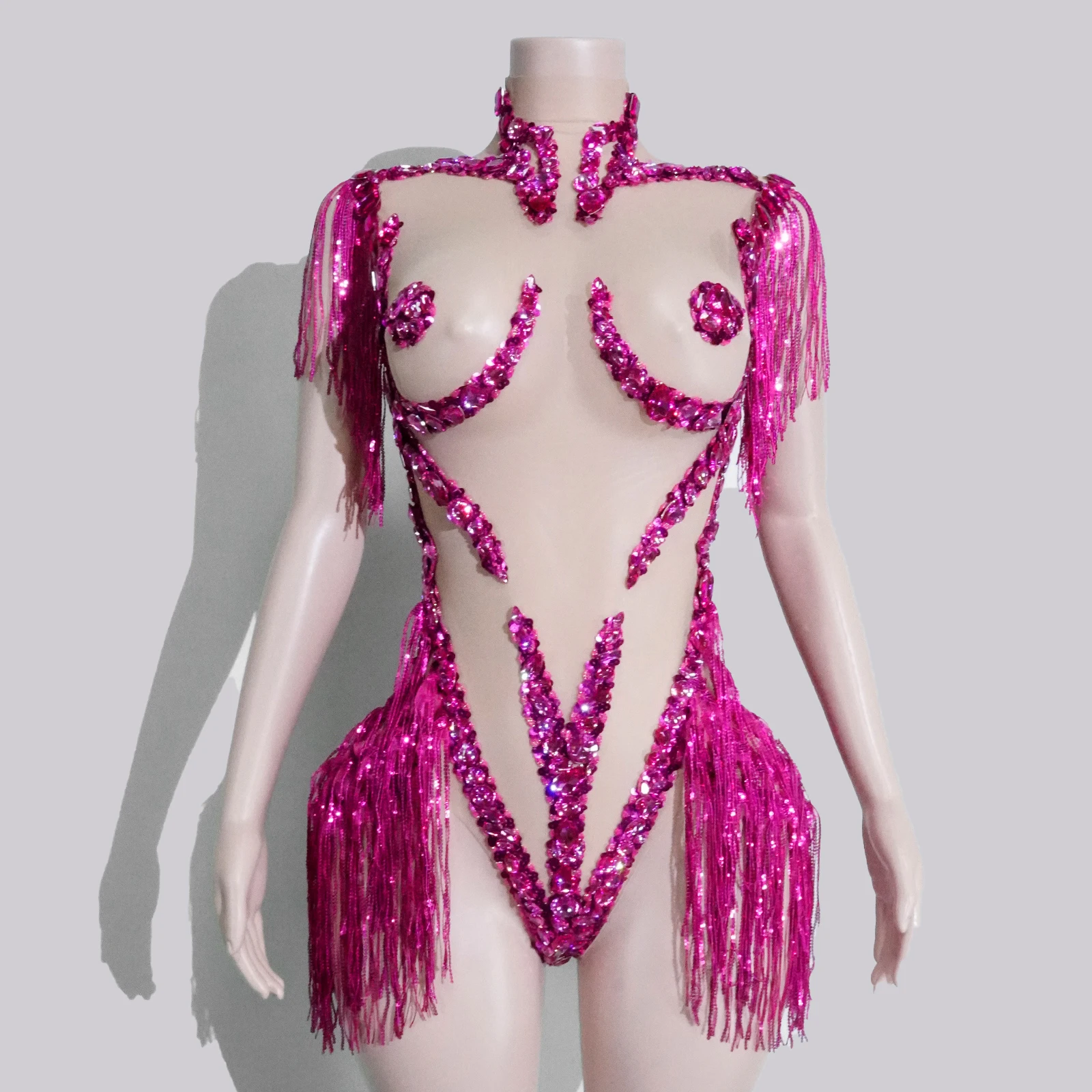 

Glitter Pink Rhinestone Bodysuit Tassels Stage Sexy See-Through Club Wear Dancer Singer Performance Gogo Dance Costume Festival