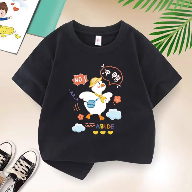 Learning Duck Graphic Print Baby Boys T-shirt Cotton Black Tops Tee 2025 Summer Cartoon Kids T Shirt Teen 6 8 10 12 Years