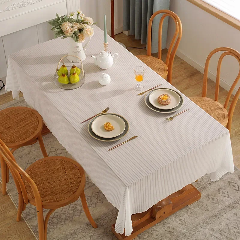 1 Pc Tablecloth Chenille Yarn Rectangular TableCloth Simple Vertical Grain Transparent White Fabric Table Decoration Easter 2024