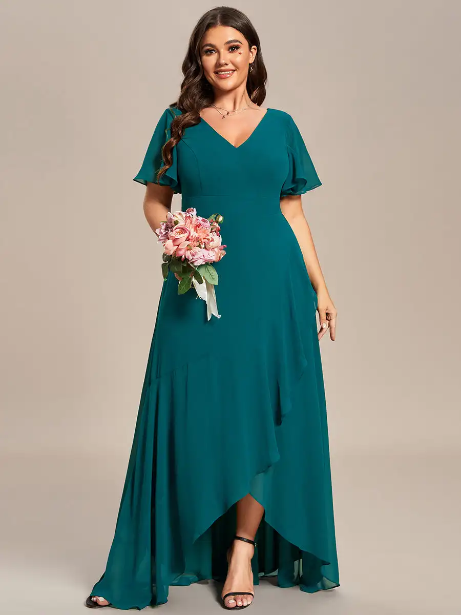 

Plus size Evening Dresses V Neck High Low Ruffles Hidden zipper Floor-Length 2024 of A-line Chiffon Teal Bridesmaid dress