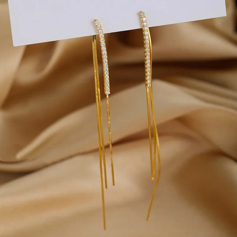 Trend Gold Silver Color Long Zircon Earrings Wire Tassel Chain Drop Earring Women\'s Ear Line Hanging Jewelry Gifts Wholesale