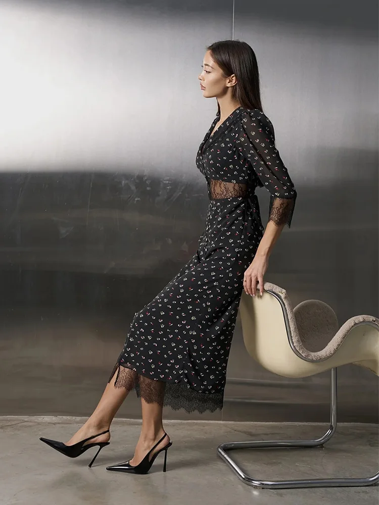 CNYISHE-vestidos de encaje con estampado de flores transparentes para mujer, vestidos de manga larga con cuello en V, tubo Sexy para discoteca, moda elegante, ceñido al cuerpo para mujer