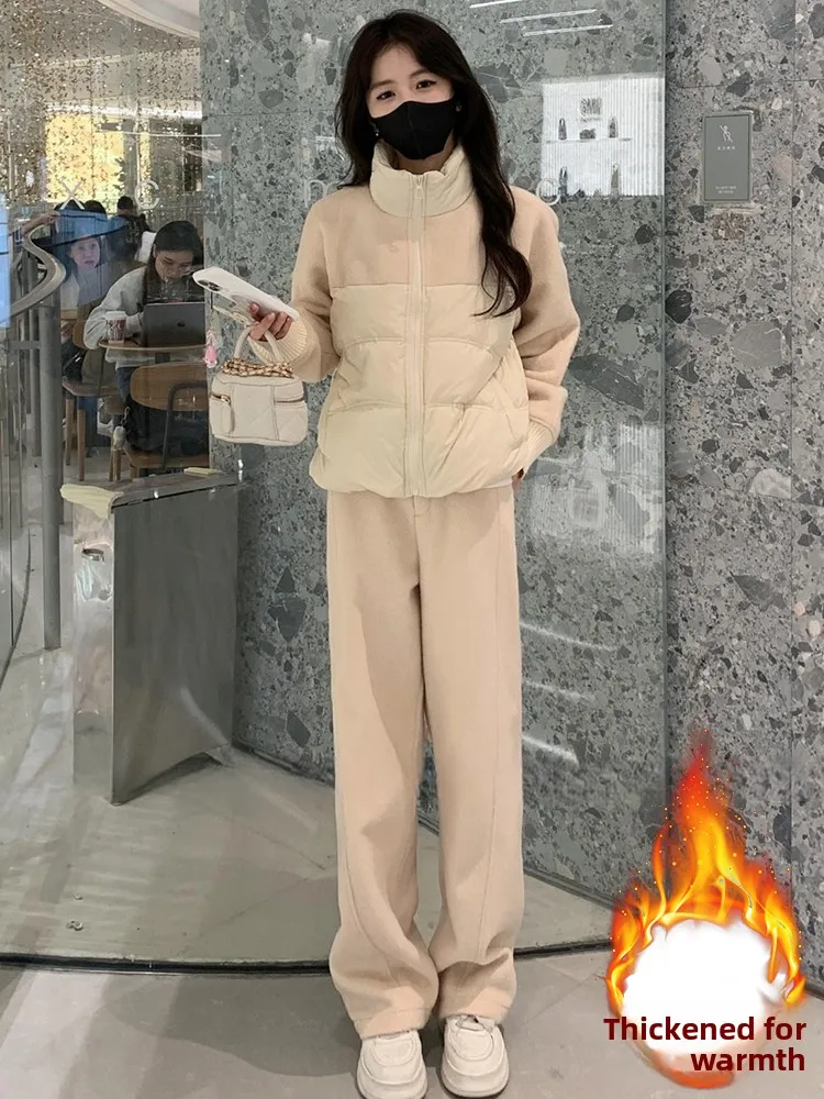 Faionable Warmth Conjunto de invierno para mujer Jaet de algodón Traje informal de dos piezas Pantalones largos Cierre de cremallera Ajuste cómodo