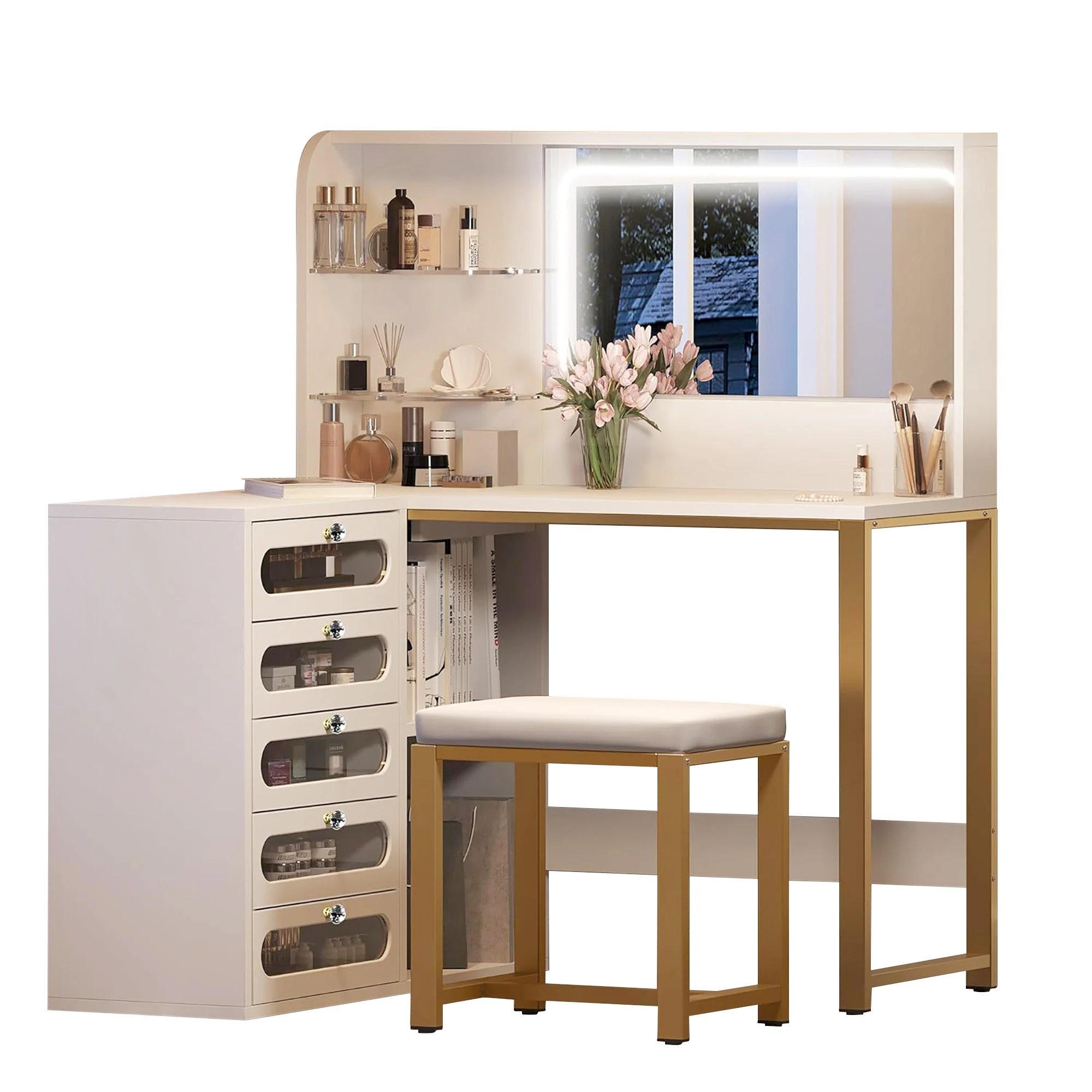 Rosahqnda LED-Beleuchtung Schminktisch mit einstellbarer Helligkeit Schminktisch mit Spiegel Kosmetiktisch mit Schubladen – Detail 39