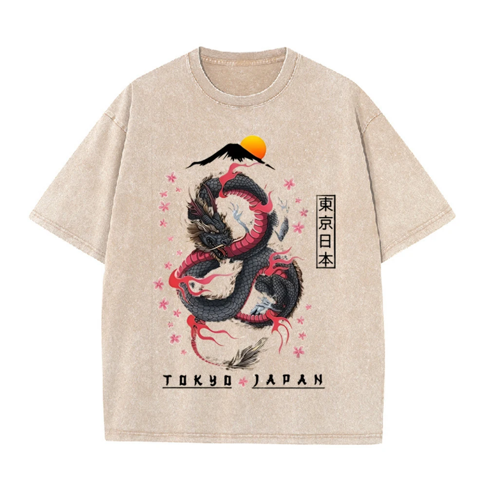 2026 Vintage Washed Beige Japanese Dragon Fuji Mountain Graphic T Shirt Tokyo Cherry Blossom Print Oversized Casual Short Sleeve