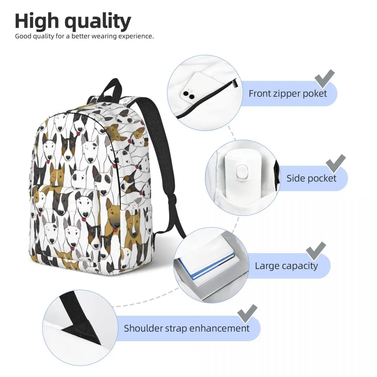 Men Women Backpack Large Capacity School Backpack for Student Bull Terrier Dogs School Bag