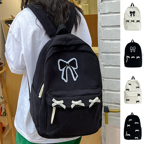 Mochila de estilo japonés de pana ligera y versátil de gran capacidad para niñas, mochila con lazo bonita y de alta apariencia