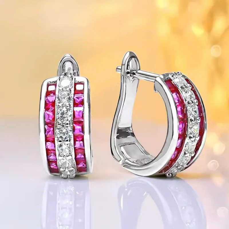 

Luxury Lab Ruby Sapphire Diamond Hoop Earring 925 Sterling Silver Party Wedding Earrings for Women Men Engagement Jewelry Gift