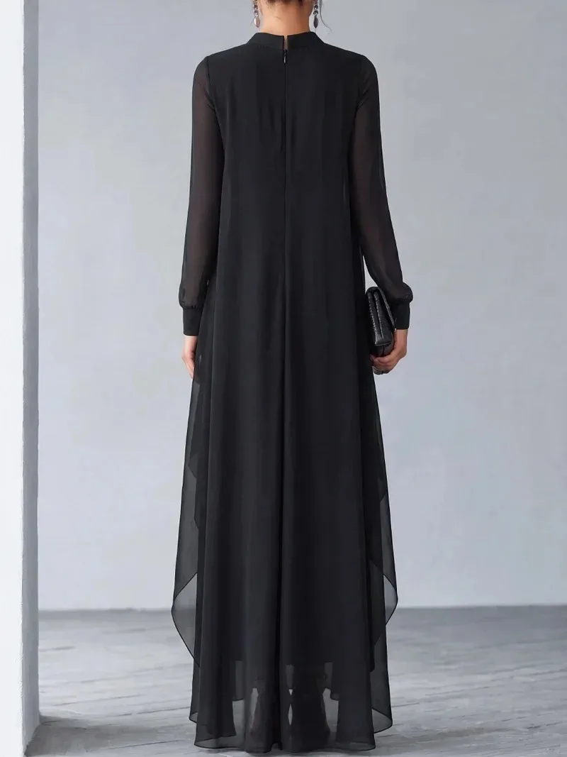Elegant Layered Chiffon Maxi Dress for Women Stand Neck Sheer Long Sleeve Cascading Ruffle Flowy Hem Formal Evening Party Dress