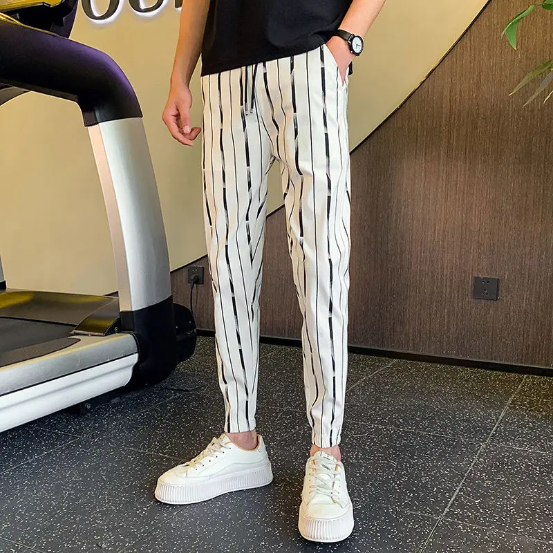 

GELITAYIN Striped Cropped Trousers For Men Summer Slim Fit Casual Pants Man Aesthetic Classic Original Clothing Cheap Vintage St