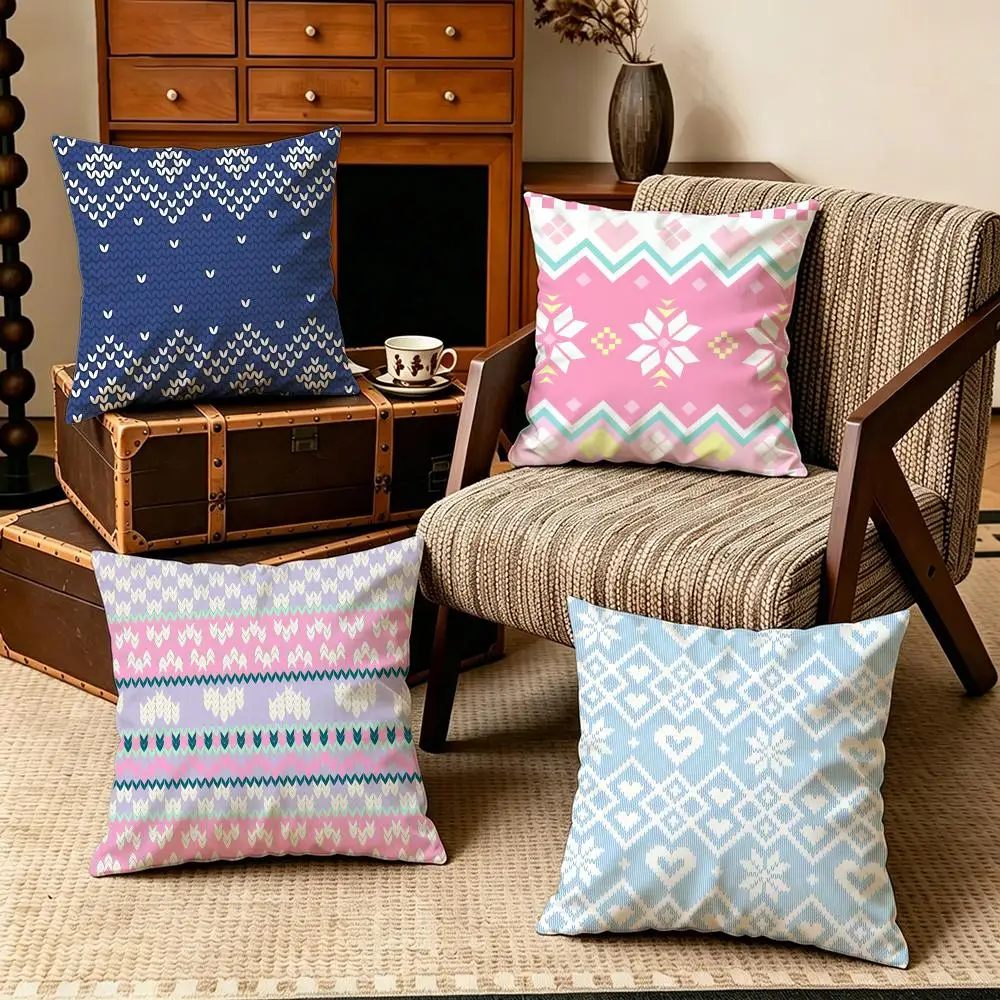 Pattern-Pastel Fair Isle KnitS Cushion Cover Soft Velvet Cushion Cover Set 4Pcs 50x50 45x45 Zipper Pillowcase for Home Decor