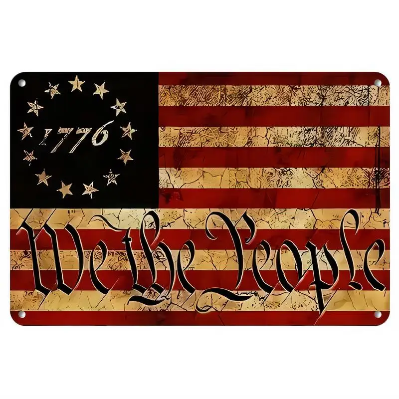 Vintage Distressed We the People 1776 American Flag Metal Tin Sign - Retro Red/Gold/Black Wall Art, Iron Material, Patriotic Dec