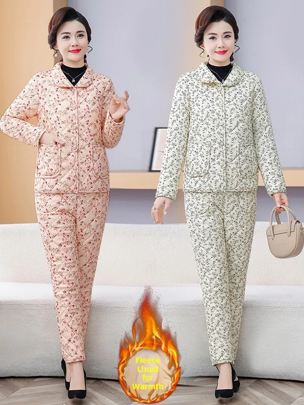 

Комплект из утепленной хлопковой куртки и брюк с цветочным принтом, облегающий крой, теплый зимний наряд для женщин, комплект из двух предметов