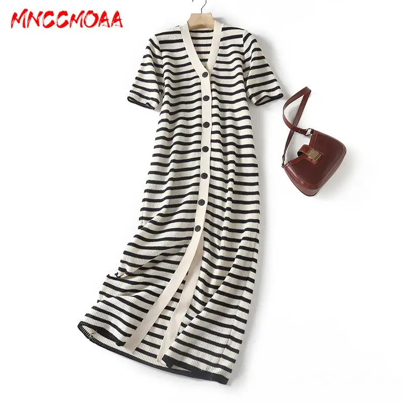 MNCCMOAA 2024 New Spring Summer Short Sleeve Knitted Dress Female Casual V Neck Single Breasted Striped Dresses