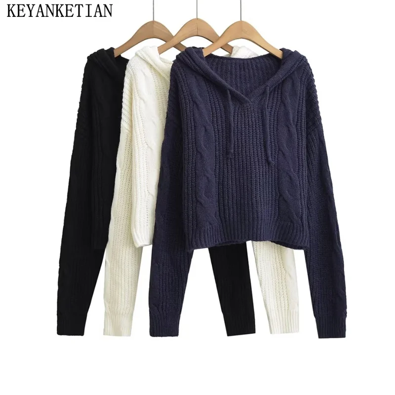 

KEYANKETIAN Autumn/Winter New Women's Short Hooded Twist Sweater High Street Fashion Padded Loose Pullover Crop Top Knitwear