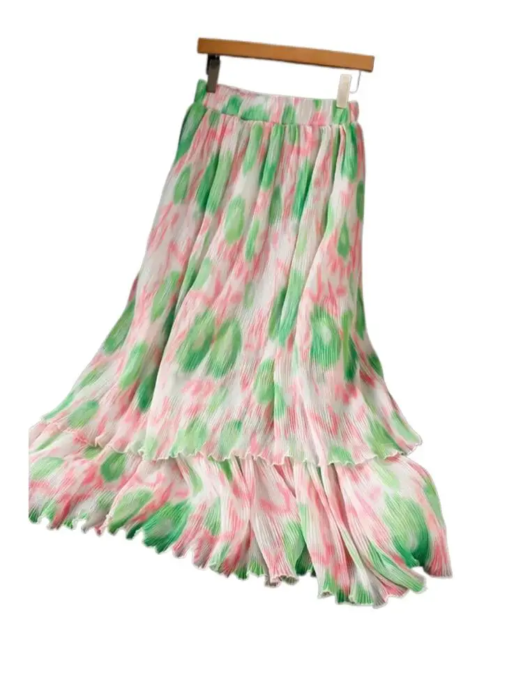 2026 Fashion Sweet Floral Print Chiffon Pleated Skirt plus size Pleated ruffle edge Skirt
