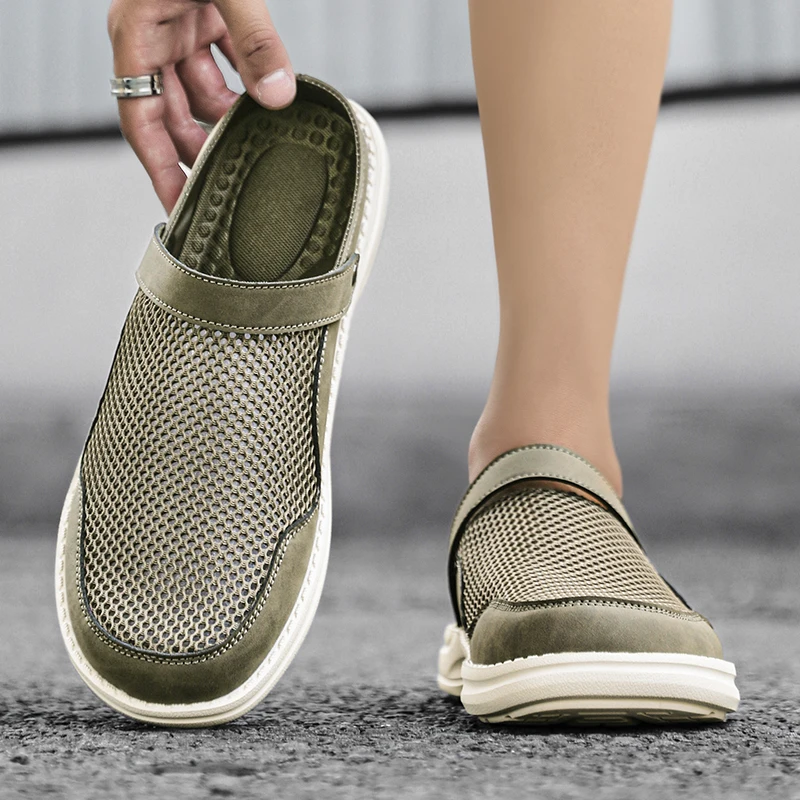 Large Size Mesh Open Back Casual Shoes Half Shoes for Men Mules Closed-toe Loafers Slippers Backless Slides Sandal Slip On Flats