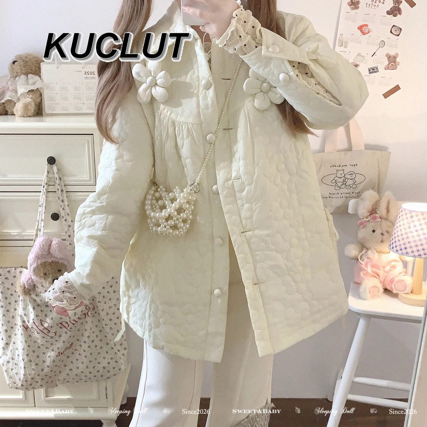 

Пальто для девочек в японском стиле, милое и элегантное, с объемным цветочным декором, повседневная куртка, однобортное пальто средней длины