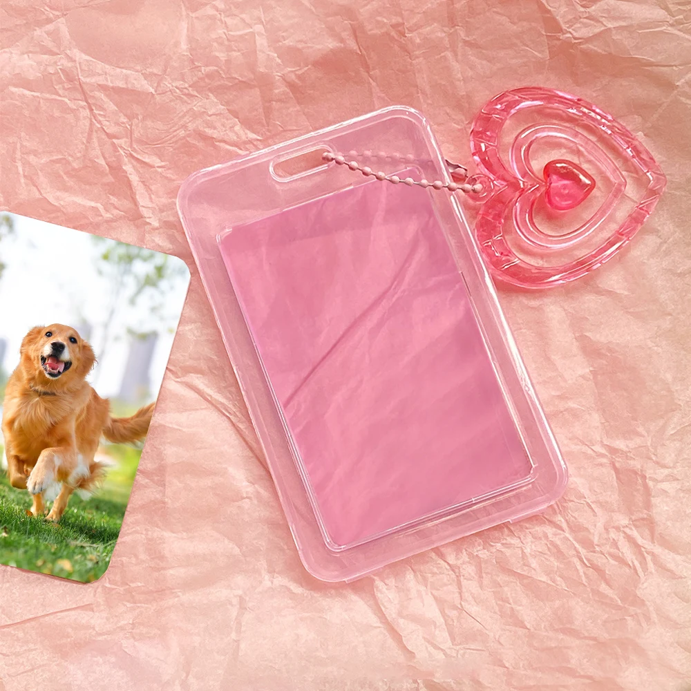 INS Pink Photocard Holder With Heart Pendant 3 Inch Idol Photo Card Holder Keychain Student Bus ID Credit Card Case Stationery