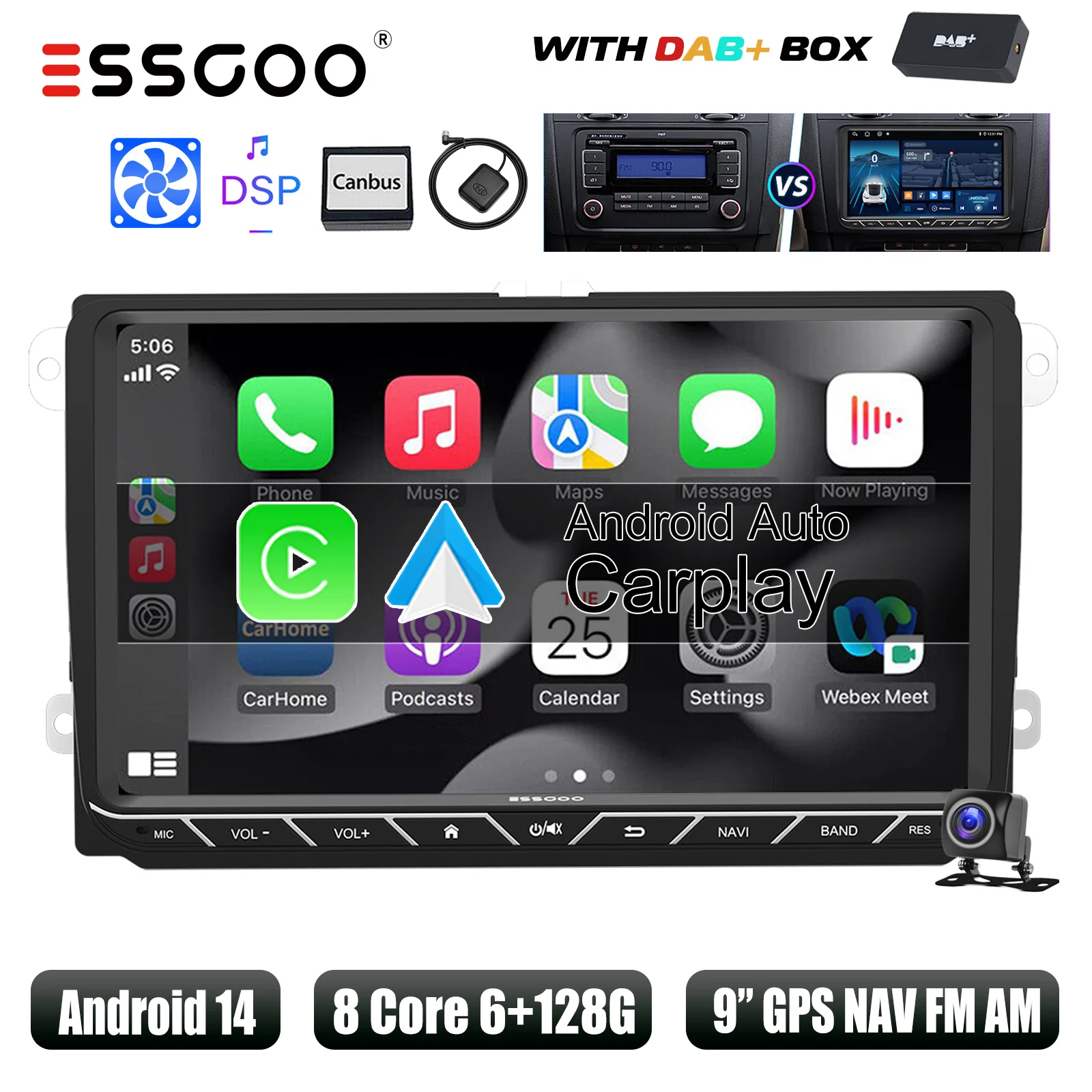 ESSGOO Autoradio 9" Android 14 6+128GB 8-core met Wireless Carplay voor VW Golf 5 6 Passat Polo Touran Tiguan Jetta, Android Auto, 4G DSP, GPS Navigatie, WiFi, FM/AM/RDS