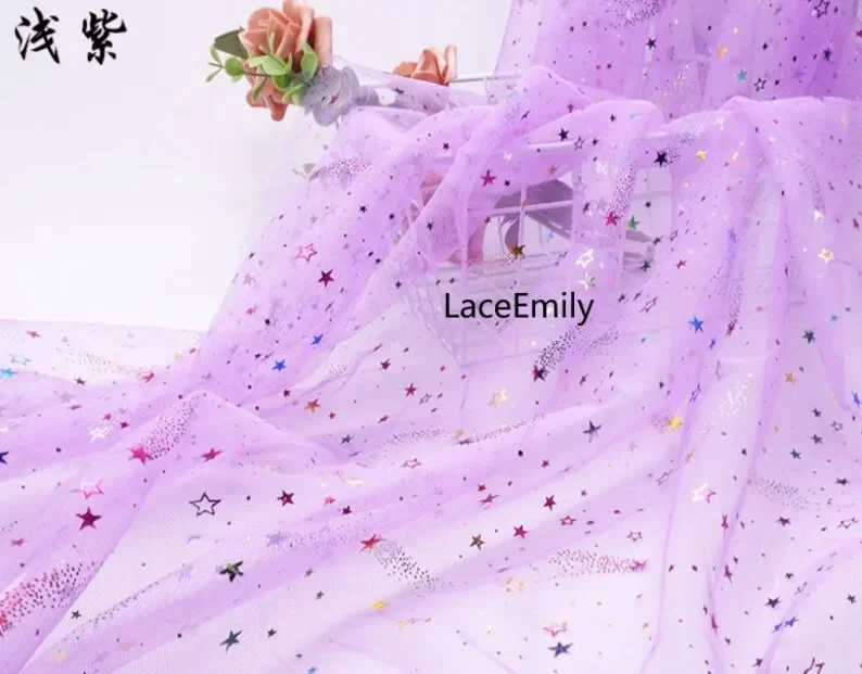 9 Colors Glitter print rainbow star lace fabric Colored stars tulle Fabric For Baby Tutu Dress, Gowns, Wedding Veil