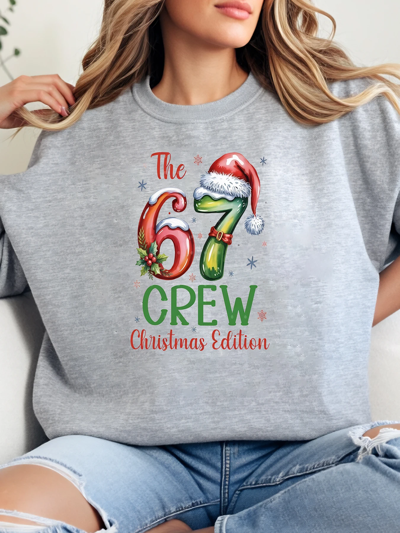 

Толстовка с принтом Crew Christmas Edition 67, женская праздничная вечеринка, повседневная одежда, серая, больших размеров