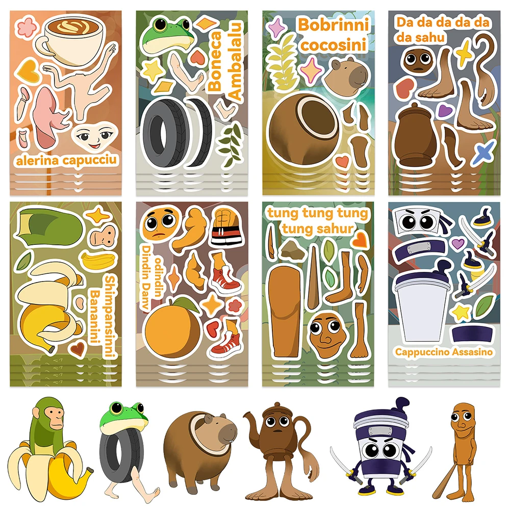 

8/16sheets Abstract Animals Puzzle Stickers Tung Tung Sahur Italian Brainrot Make a Face Children DIY Assemble Jigsaw Decals Toy