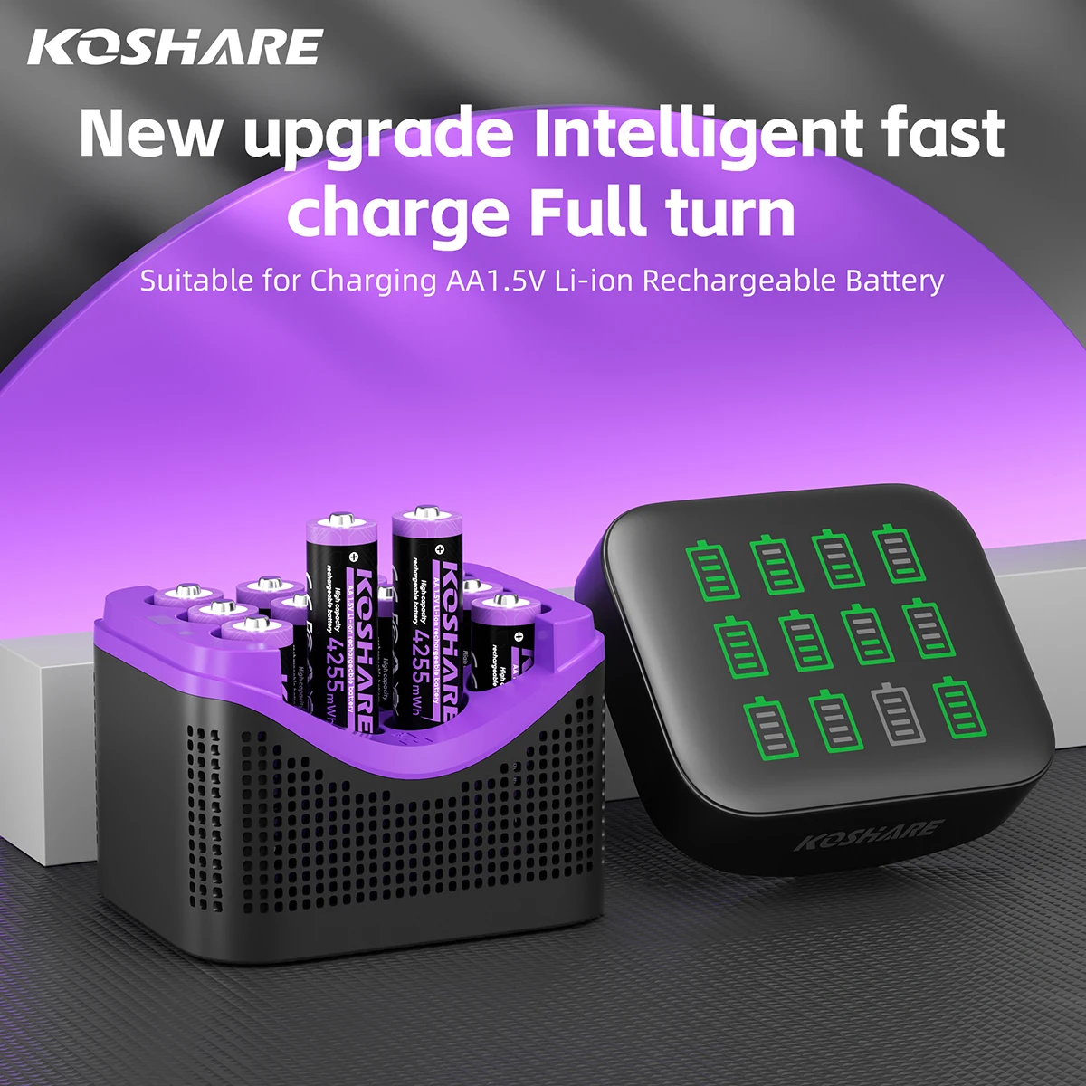 KOSHARE AA Rechargeable Batteries Charger Sets 1.5V Constant Voltage 4255mWh Lithium Battery Smart Charging Compartment With LCD