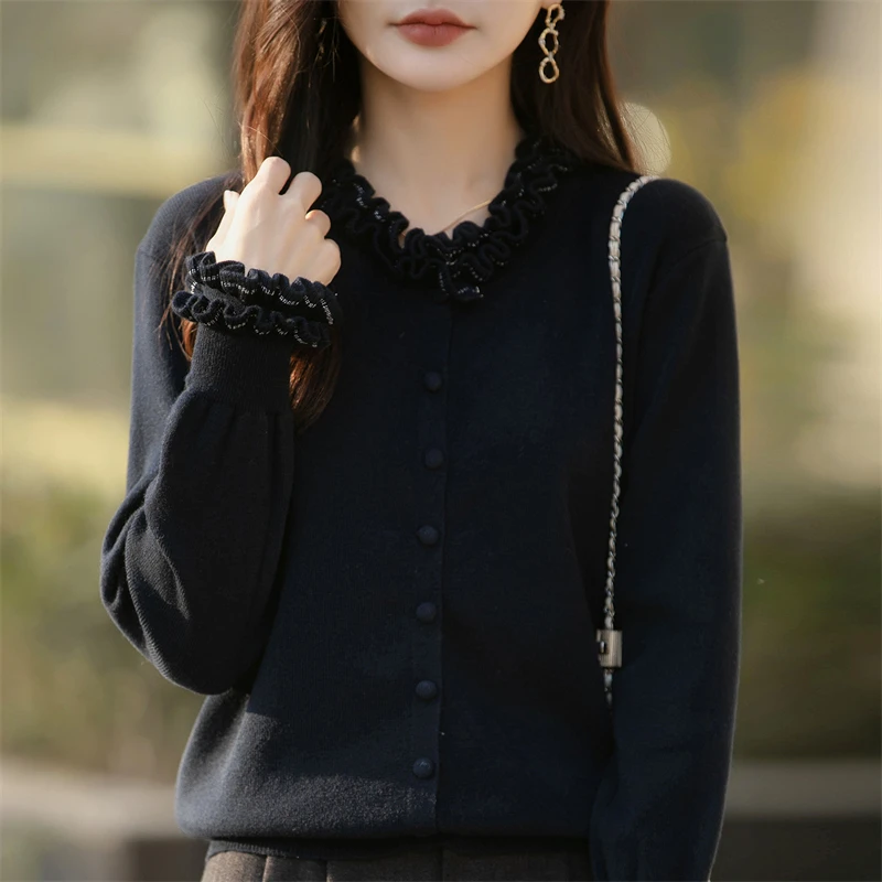 

Woven Wool Cardigan Hand-buckled Lace Collar Autumn Winter Women's Knitted Cardigan Single Breasted Stringy Selvage Female Tops