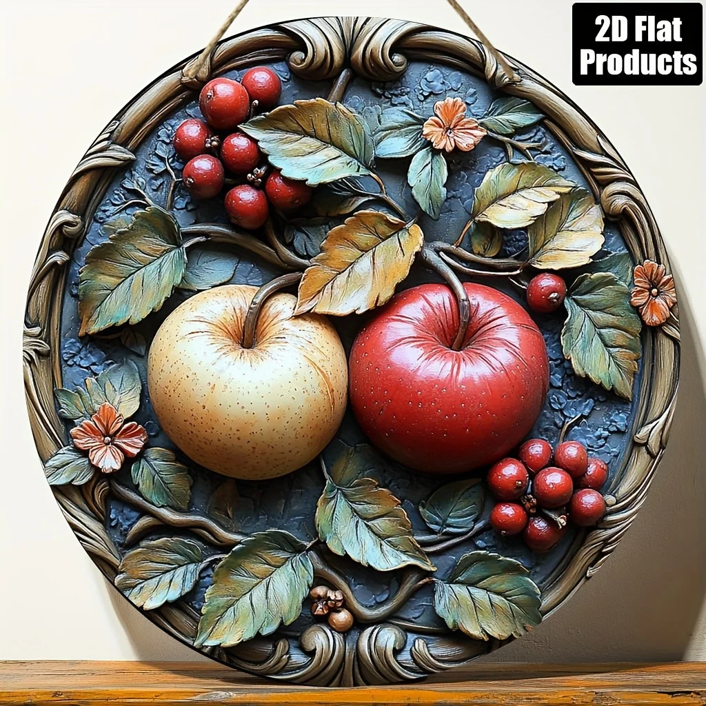 2D Flat, Round Wooden Sign Decorative Plaque with Vintage Apple Tree Branch Theme, Suitable for Bar Kitchen Cafe Home Room Offic