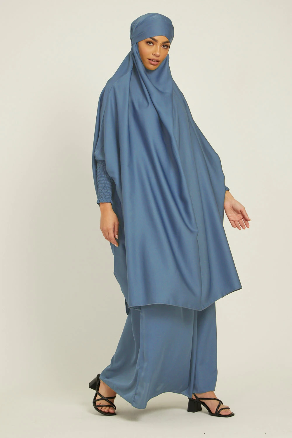 Two Piece Knee Length Jilbab Khimar Style Abaya and Skirt with Chunnat Slevees/Dolman Sleeves Grey Blue Color