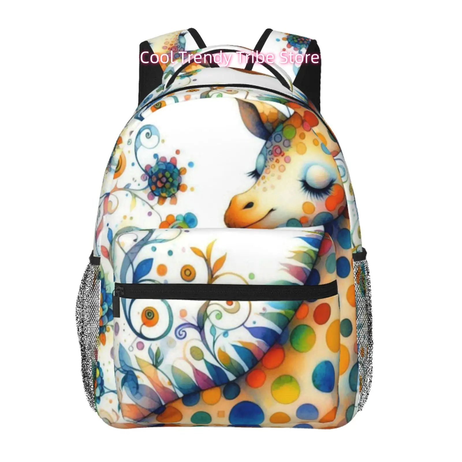 Whimsical Watercolor Giraffe with Colorful Dots And Floral Swirls Print Backpack, Adjustable Shoulder Straps, Oxford Cloth, for