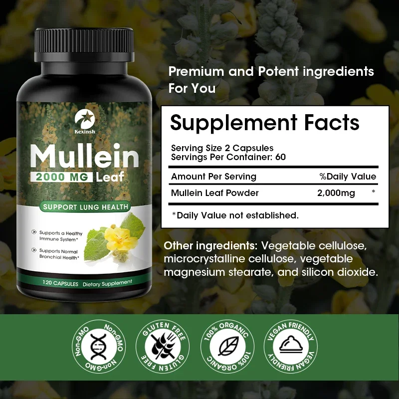 Kexinsh Mullein Leaf Capsules Supports Healthy Respiratory Feltwort Natural Lung Cleansing & Liver Detoxification